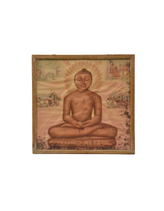 Antik obraz v dřevěném rámu, Buddha, 37x37cm