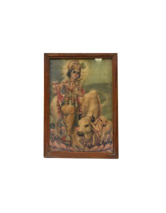 Antik obraz v dřevěném rámu, Krišna, 28x39cm