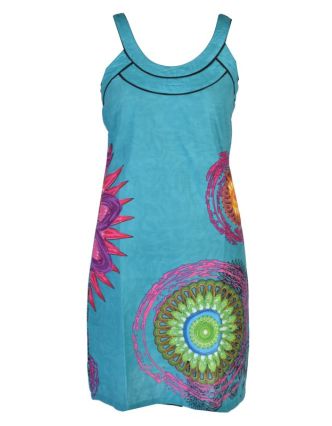 Krátké tyrkysové šaty na ramínka "Paolina" s barevným potiskem