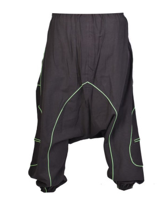 Černo-zelené turecké kalhoty se spirálou, kapsy, elastický pas