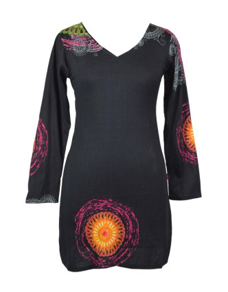 Černé šaty s dlouhým rukávem "Mandala", barevný potisk, výstřih do V