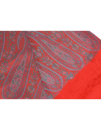 Červená šála s jemným paisley designem, zelené protkávání, 200x70cm
