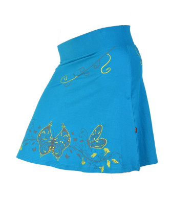 Krátká tyrkysová sukně "Buttefly", potisk a výšivka, elastický pas