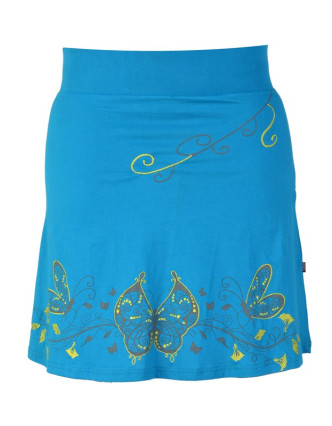 Krátká tyrkysová sukně "Buttefly", potisk a výšivka, elastický pas