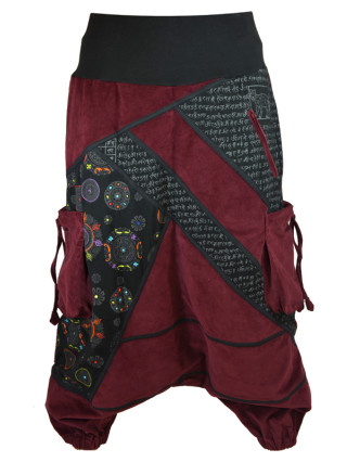Dlouhé manžestrové turecké kalhoty, vínovo-černé, Chakra tisk a výšivka, kapsy