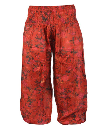Červené balonové kalhoty s kapsami, květinový potisk, žabičkování