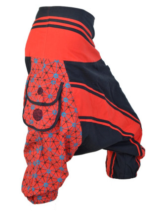Turecké kalhoty, tříčtvrteční, červeno-černé, potisk "Net design", kapsy, zip