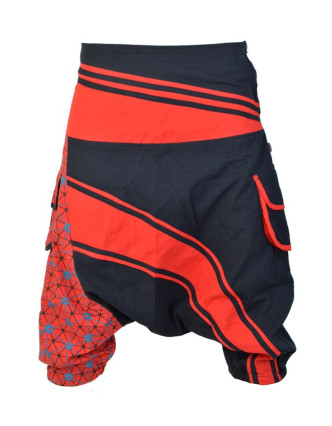 Turecké kalhoty, tříčtvrteční, červeno-černé, potisk "Net design", kapsy, zip