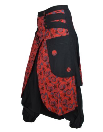 Černo červené turecké kalhoty se sukní, Flower Spiral tisk, zip