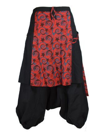 Černo červené turecké kalhoty se sukní, Flower Spiral tisk, zip