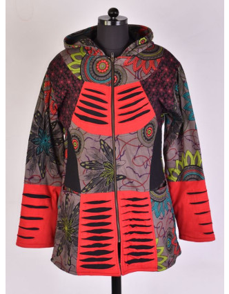 Hnědo-červený kabát s kapucí zapínaný na zip, "Flower Mandala", prostřihy, kapsy