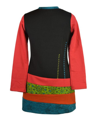 Krátké zateplené šaty s dlouhým rukávem, červené, kombinace tisků a výšivky