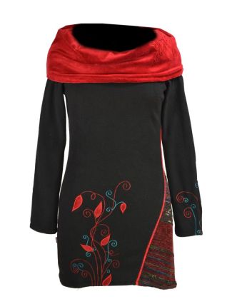 Krátké šaty s dlouhým rukávem, velký sametový límec, černo-červené, výšivka