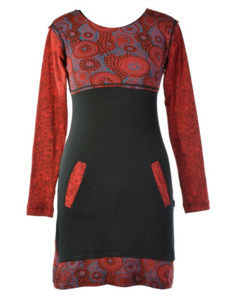 Krátké šaty s dlouhým rukávem, černo-červené, Mandala tisk, kapsy