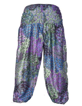 Saténové balonové kalhoty "Peacock design", fialové odstíny