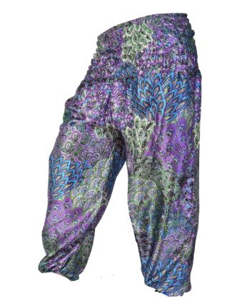 Saténové balonové kalhoty "Peacock design", fialové odstíny