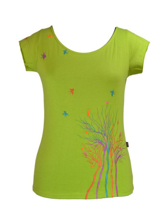 Dámské tričko s krátkým rukávem, zelené, multibarevná výšivka stromu a ptáčků