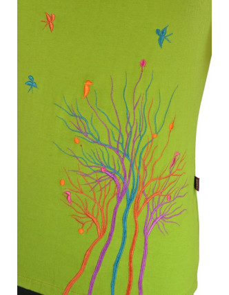 Dámské tričko s krátkým rukávem, zelené, multibarevná výšivka stromu a ptáčků