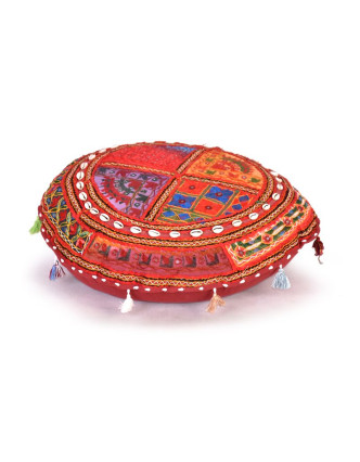 Kulatý meditační polštář z Rajastanu, patchwork, mušle, 60x20cm