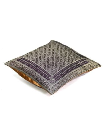 Tmavě fialový saténový povlak na polštář se zlatou výšivkou, zip, 40x40cm