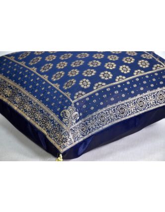 Modrý saténový povlak na polštář s výšivkou a třásněmi, zip, 40x40cm