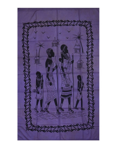 Tmavě fialový přehoz na postel s africkými ženami, černý potisk, třásně, 135x210