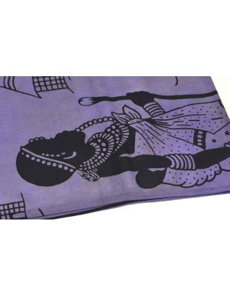 Tmavě fialový přehoz na postel s africkými ženami, černý potisk, třásně, 135x210