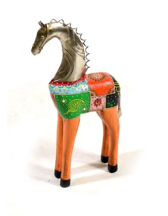 Soška koně, dřevěná, ručně malovaná, kovová hlava, oranžová, 16x39cm