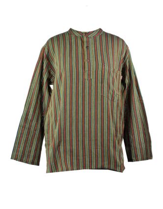 Pruhovaná pánská košile-kurta s dlouhým rukávem a kapsičkou, khaki