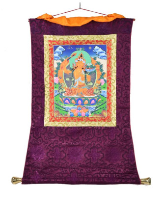 Thangka, Maňdžušrí, fialový brokát, 55x85cm