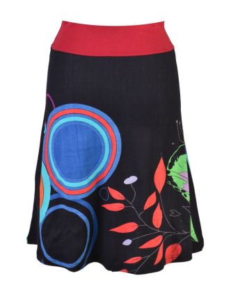 Černá sukně ke kolenům "Jamy" s barevným potiskem, pružný pas