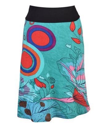 Tyrkysová sukně ke kolenům "Jamy" s barevným potiskem, pružný pas