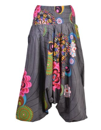 Šedé turecké kalhoty-overal-halena 3v1 "Anita", barevné květiny, žabičkování