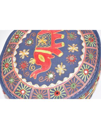 Modrý sedák z Rajastanu, patchwork, ručně vyšívaný slon, 45x45x40cm