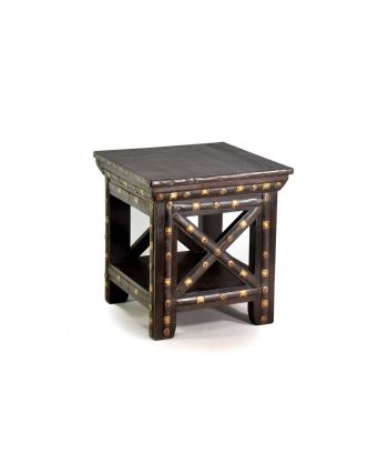 Stolička z antik teakového dřeva zdobená mosazným kováním, 41x41x44cm