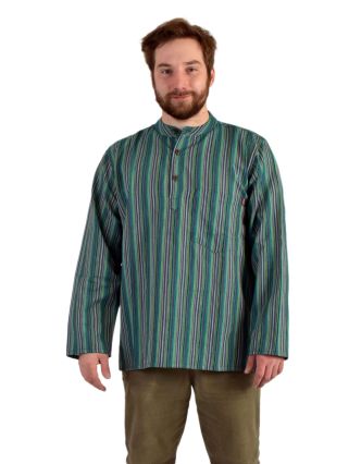 Pruhovaná pánská košile-kurta s dlouhým rukávem a kapsičkou, zelená