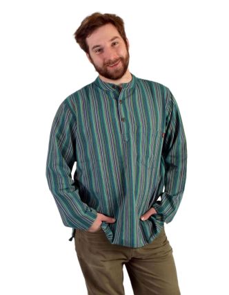 Pruhovaná pánská košile-kurta s dlouhým rukávem a kapsičkou, zelená