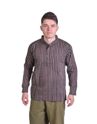 Pruhovaná pánská košile-kurta s dlouhým rukávem a kapsičkou, hnědo černá