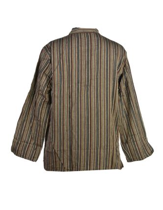 Pruhovaná pánská košile-kurta s dlouhým rukávem a kapsičkou, hnědo černá