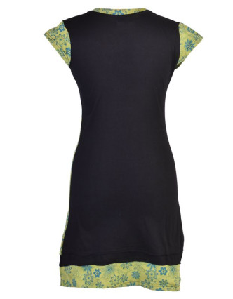 Krátké černo-zelené šaty s krátkým rukávem, mix tisků a výšivka