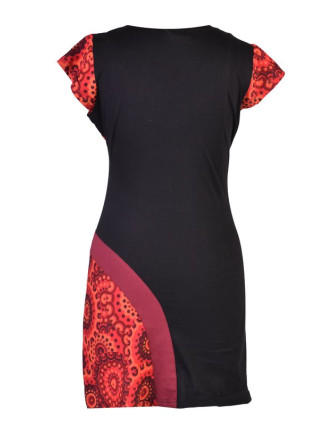 Černo-červené šaty s krátkým rukávem a potiskem mandal, výšivka