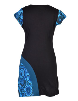 Černo-tyrkysové šaty s krátkým rukávem a potiskem mandal, výšivka