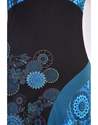 Černo-tyrkysové šaty s krátkým rukávem a potiskem mandal, výšivka