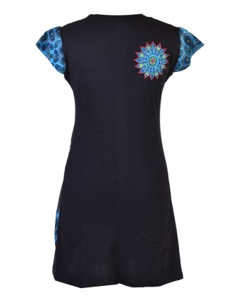Černo-modré šaty s krátkým rukávem, Peacock design, výšivka