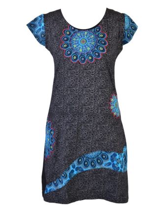 Černo-modré šaty s krátkým rukávem, Peacock design, výšivka