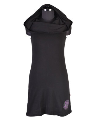 Černé šaty s kapucí/límcem, bez rukávu, potisk a výšivka mandaly