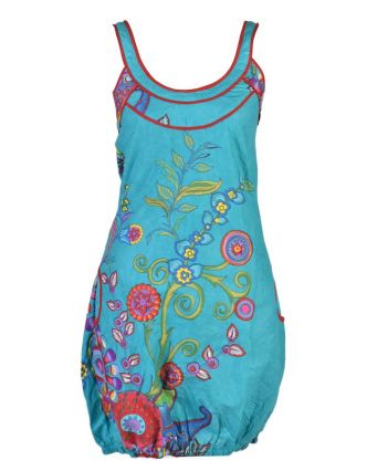 Tyrkysové balonové šaty bez rukávu "Flower design", kapsy