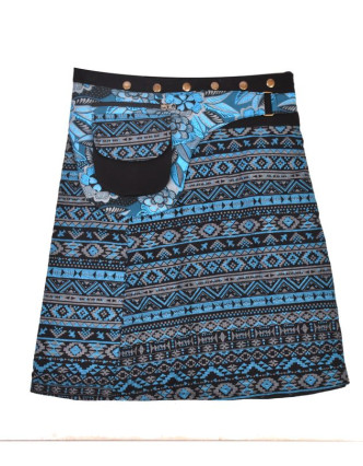 Krátká modrá sukně zapínaná na patentky, barevný potisk, kapsa