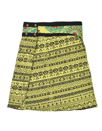 Krátká zelená sukně zapínaná na patentky, barevný potisk, kapsa