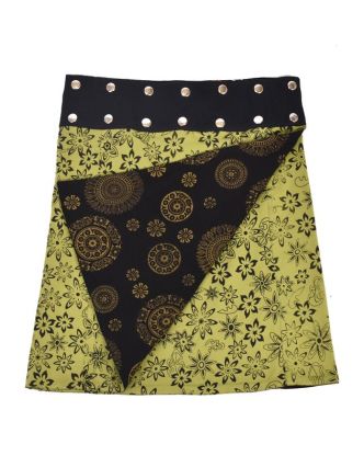 Oboustranná sukně s potiskem květin a mandal, černo-zelená, zapínání na cvoky